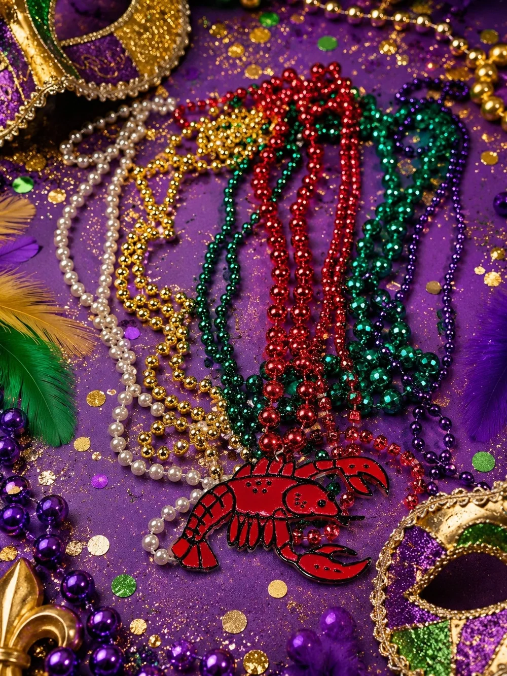 Festive Multi-Color Mardi Gras Bead Necklaces with Red Lobster Pendant